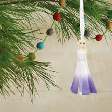 Load image into Gallery viewer, Ornament shaped like Queen Elsa with a gradient dress hanging on a Christmas tree.