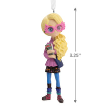 Load image into Gallery viewer, Luna Lovegood Harry Potter Decorative figurine of a girl with blonde hair and pink glasses, holding a phone, with dimensions indicated.