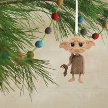 Load image into Gallery viewer, Dobby the house-elf ornament hanging on a Christmas tree branch.