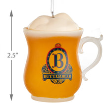 Load image into Gallery viewer, Butterbeer mug ornament with 'B' logo and foam top, showing dimensions.
