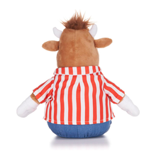 Load image into Gallery viewer, Bully The Cow Mascot from TV Show Bullseye Plush toy cow wearing a red and white striped shirt on a white background rear view