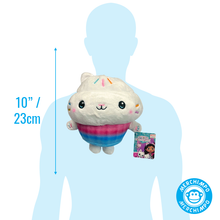 Load image into Gallery viewer, Cakey Cat Soft Plush Toy from Gabby's Dollhouse with Label on size chart