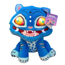 Load image into Gallery viewer, Derpy Plush face on. A blue cartoon tiger plush toy with large round yellow-orange eyes, white fangs, and a purple hangtag that reads 'KPOP Demon Hunters'.