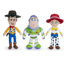 Load image into Gallery viewer, Three plush toy figures from Toy Story 5 standing side by side on a plain white background: Woody on the left, Buzz Lightyear in the center, and Jessie on the right.