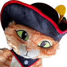 Load image into Gallery viewer, Puss In Boots Shrek Movie Plush toy cat with a pirate hat and bandana on a white background close up