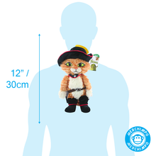 Load image into Gallery viewer, Puss In Boots Shrek Movie Plush Stuffed toy with a hat on a blue silhouette with measurement text and MERCHIMPO logo.
