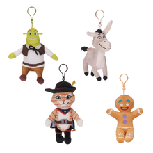 Load image into Gallery viewer, Shrek Plush Bag Clips Set of 4 – Shrek, Donkey, Puss in Boots & Gingy 12.5cm Character Keyring Clips