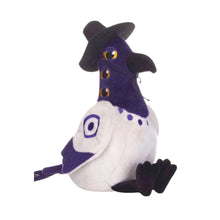 Load image into Gallery viewer, Sussie plush toy bird wearing a black hat, with a purple neck and upper body, a white body, and black feet, photographed on a plain white background. KPop Demon Hunters Sussie Plush