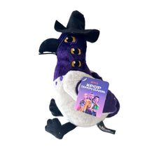Load image into Gallery viewer, A plush toy of the character Sussie from Netflix's 'KPop Demon Hunters', featuring a purple body, white belly, black hat, and black feet, with an attached product tag.