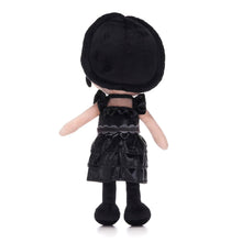 Load image into Gallery viewer, Wednesday Plush toy with black outfit and hat on a white background rear view