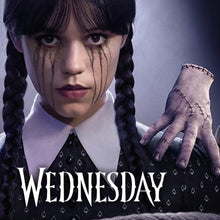 Load image into Gallery viewer, Wednesady Character from a horror-themed movie with 'Wednesday' text