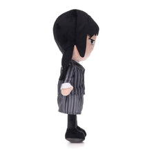 Load image into Gallery viewer, Wednesday Plush toy of a character with black hair and striped outfit on a white background side view