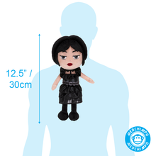 Load image into Gallery viewer, Wednesday Plush toy with dimensions and Merchimpo logo on a light blue background