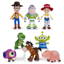 Load image into Gallery viewer, A set of eight Toy Story 5 plush toys arranged on white display stands against a plain white background, including Woody, Buzz Lightyear, Jessie, Rex, Alien, Bullseye, Hamm, and Snappy.