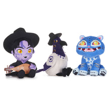 Load image into Gallery viewer, KPop Demon Hunters Derpy Jinu and Sussie Plush. Three cartoon plush toys arranged side by side on a plain white background: a purple-faced character in a black hat playing a guitar, a dark purple and white bird-like figure, and a blue spotted cat-like character with large yellow eyes and an open mouth showing teeth.