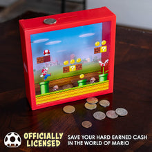 Load image into Gallery viewer, Super Mario Money Box sitting on wood table with coins