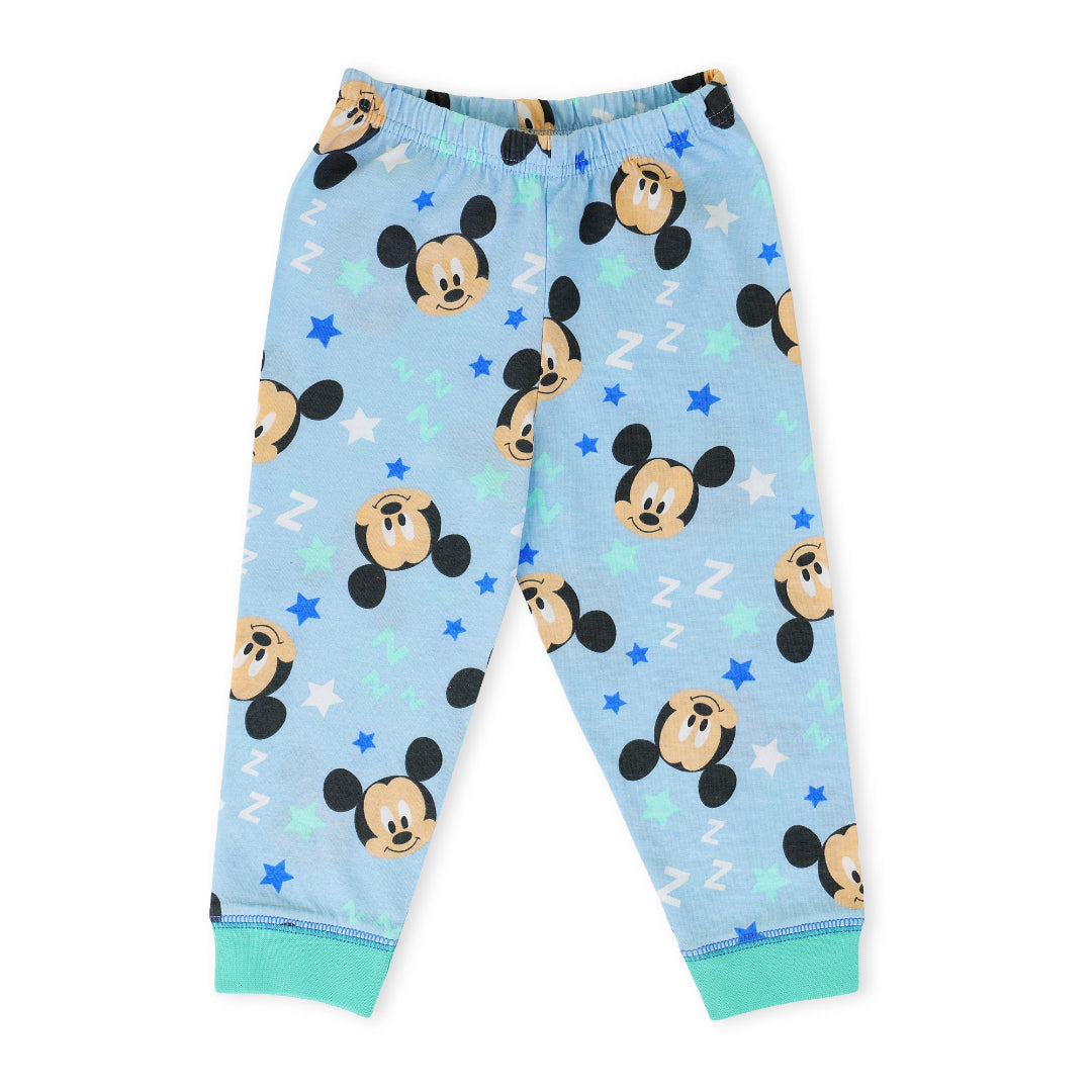 Children's pajama pants with Mickey Mouse pattern on a light blue background