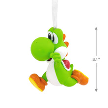 Load image into Gallery viewer, Yoshi Green dinosaur-like toy with a white belly, orange shoes, and a red heart on a white background with a measurement label.
