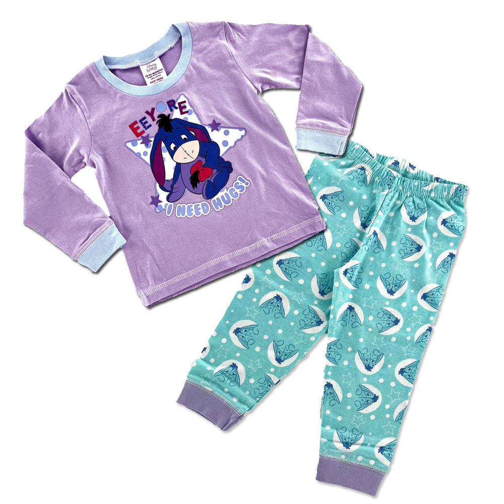 Disney Eeyore Baby Toddler Outfit Pyjamas daywear 2 piece set with purple top and blue pants featuring a cartoon character on a white background.