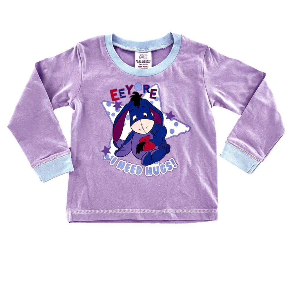 Disney Eeyore Baby Toddler Outfit Pyjamas daywear 2 piece set Purple long-sleeve shirt with a cartoon character and text on a white background