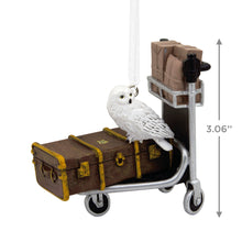 Load image into Gallery viewer, Harry Potter Decorative ornament with a owl on a luggage cart and suitcase, with dimensions indicated.
