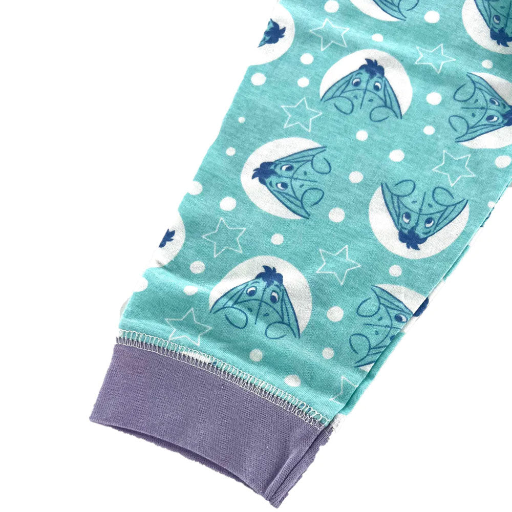 Disney Eeyore Baby Toddler Outfit Pyjamas daywear 2 piece set Teal fabric with cartoon character pattern and purple edge on a white background