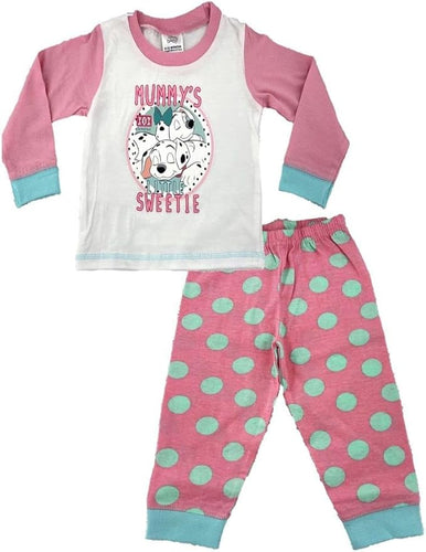 Disney Baby 101 Dalmations pajama set with pink and white top and polka dot pants on a white background