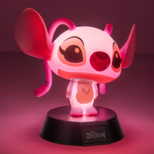 Load image into Gallery viewer, Lilo &amp; Stitch lamp with pink and red design on a dark background
