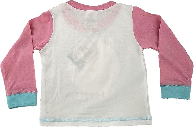 Disney Baby 101 Dalmations Back view of a child's long-sleeve shirt with pink sleeves and blue cuffs on a white background