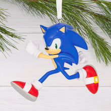 Load image into Gallery viewer, Sonic the Hedgehog Christmas ornament on a white background with greenery
