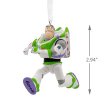 Load image into Gallery viewer, Toy Story Buzz Lightyear ornament with dimensions on a white background
