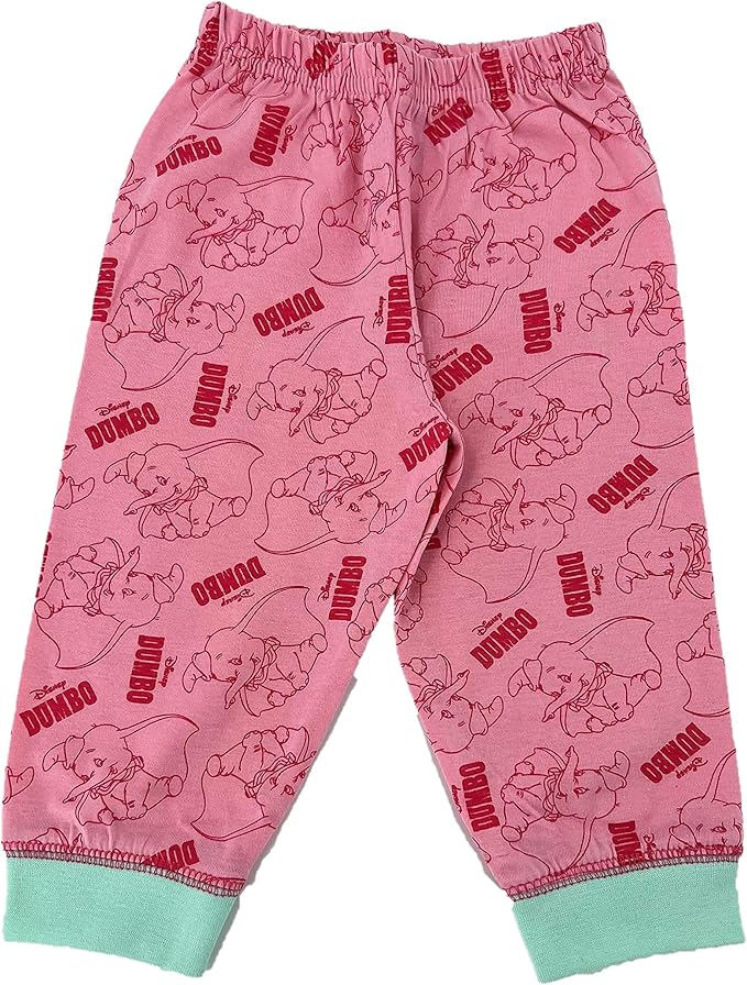 Pink children's pajama pants with Dumbo print on a white background