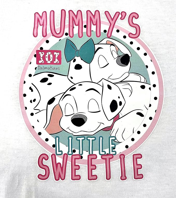 Disney Baby 101 Dalmations Cartoon Dalmatian dogs with text 'Mummy's Little Sweetie' on a white background