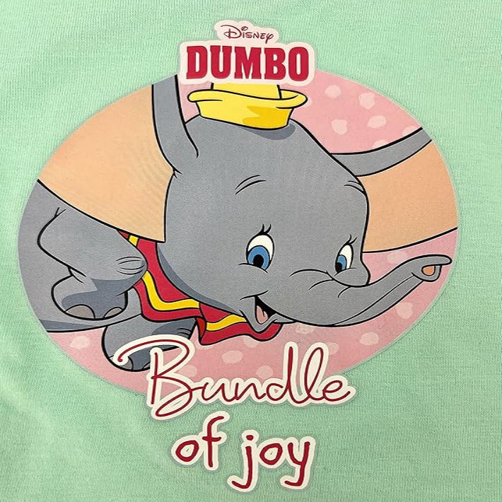 Cartoon elephant Dumbo with a yellow hat on a green background, featuring the text 'Disney Dumbo Bundle of joy'.