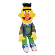 Load image into Gallery viewer, Sesame Street Bert Plush toy of a character with a yellow face, striped shirt, and green pants on a white background
