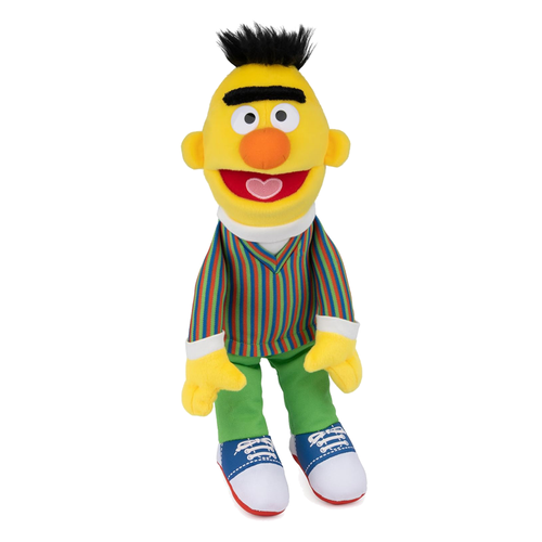 Sesame Street Bert Plush toy of a character with a yellow face, striped shirt, and green pants on a white background