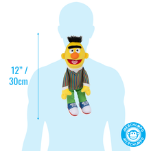 Load image into Gallery viewer, Sesame Street Bert  Plush toy with dimensions relative to a human figure, featuring the brand &#39;Merchimpo&#39;.

