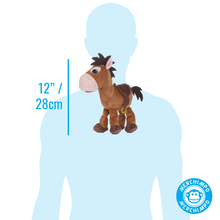 Load image into Gallery viewer, A brown plush toy horse shown in front of a light blue human silhouette on a white background, with blue text reading 12" / 28cm and a circular Merchimpo logo in the lower right.
