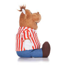 Load image into Gallery viewer, Bully The Cow Mascot from TV Show Bullseye Plush toy r with a red and white striped shirt on a white background right side view
