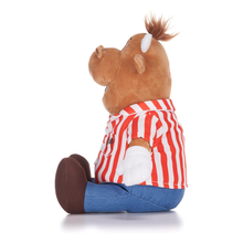Load image into Gallery viewer, Bully The Cow Mascot from TV Show Bullseye Plush toy  wearing a red and white striped shirt on a white background left side view
