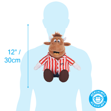 Load image into Gallery viewer, Bully The Cow Mascot from TV Show Bullseye Plush toy cow with a red and white striped shirt on a transparent body figure with measurement label.
