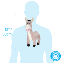 Load image into Gallery viewer, Donkey Shrek The Movie Plush toy with dimensions on a body silhouette, featuring the MERCHIMPO logo.

