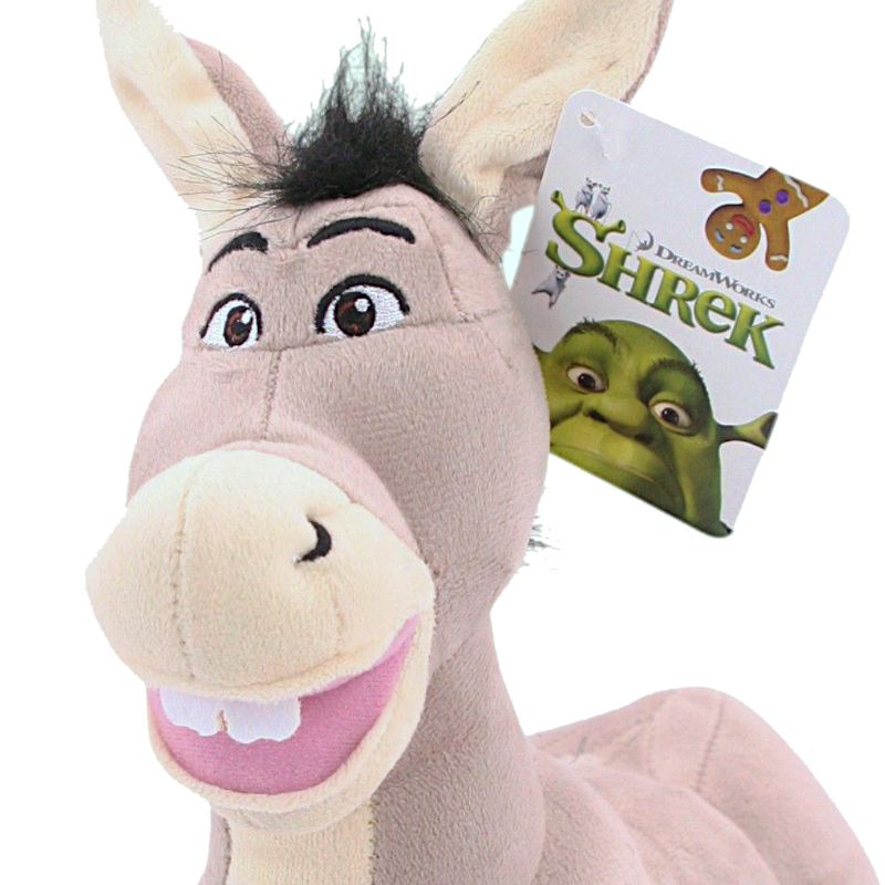 Donkey Shrek The Movie Plush toy with Shrek branding on a white background close up