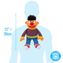 Load image into Gallery viewer, Sesame Street Ernie  Plush toy with dimensions shown against a silhouette, featuring the Merchimo brand.
