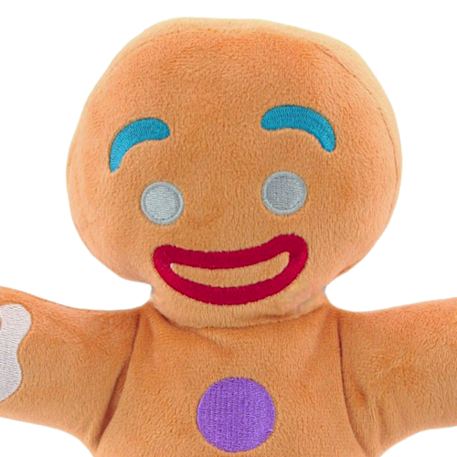 Gingey gingerbread man Plush Shrek The Movie  toy with a happy expression on a white background Close up