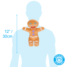 Load image into Gallery viewer, Gingey gingerbread man Plush Shrek The Movie  toy with a human silhouette and measurement text, featuring the MERCHIMPO brand.
