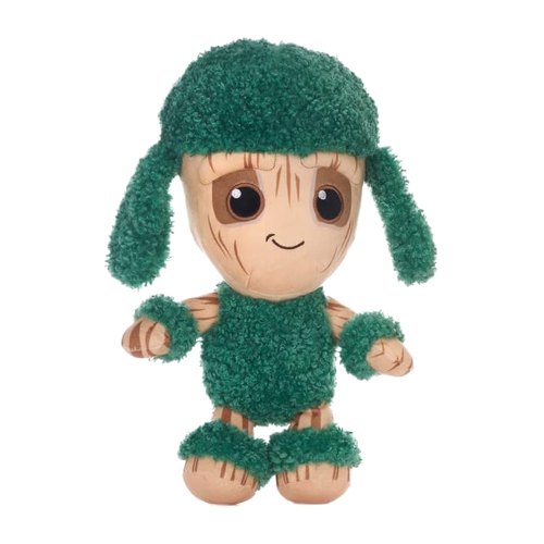 Hula Baby Groot Plush toy with green fuzzy texture on a white background