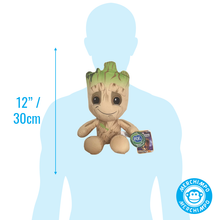 Load image into Gallery viewer, Guardians of the Galaxy Baby Groot Plush toy with dimensions shown against a silhouette, featuring the MERCHIMPO brand.
