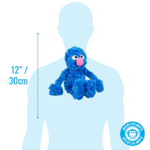 Load image into Gallery viewer, Sesame Street Grover Blue plush toy held by a person silhouette with measurement label, featuring the MERCHIMPO brand.

