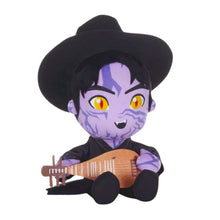 Load image into Gallery viewer, Jinu plush doll with purple skin, yellow eyes, a black hat, and a black outfit, holding a small brown stringed instrument against a plain white background. KPop Demon Hunters Jinu Plush
